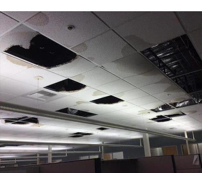 acoustical ceiling tiles missing and water damage in a large open office setting