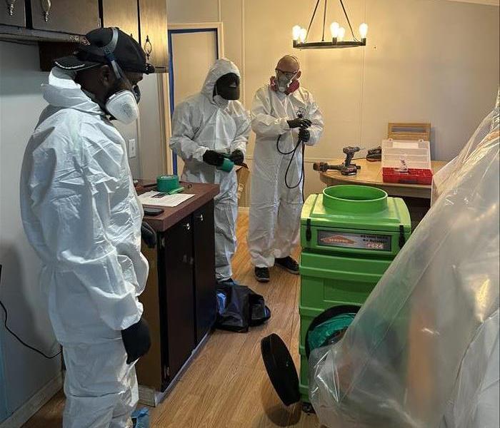 SERVPRO Expert team using PPE and other equipment to remove mold from a home